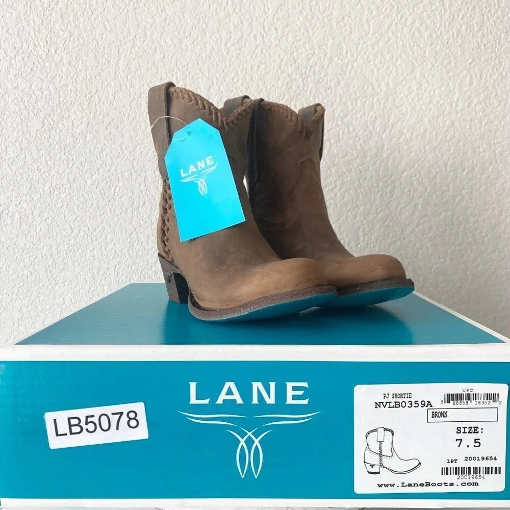 NEW Lane PLAIN JANE PJ Womens Cowboy Bootie Sz 7.5 Brown Western Cowgirl Boots